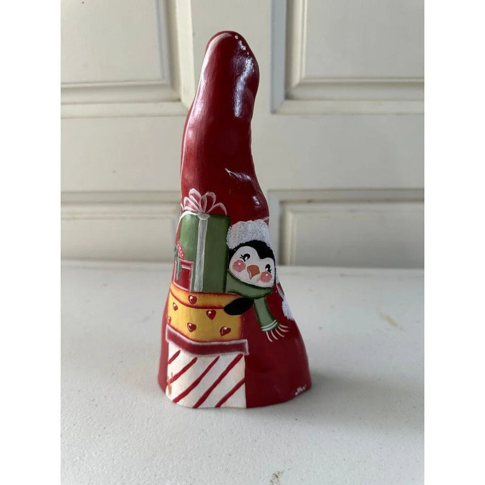 Hand Painted Signed JKW Christmas Penguin Presents Wooden Shelf Sitter Decor